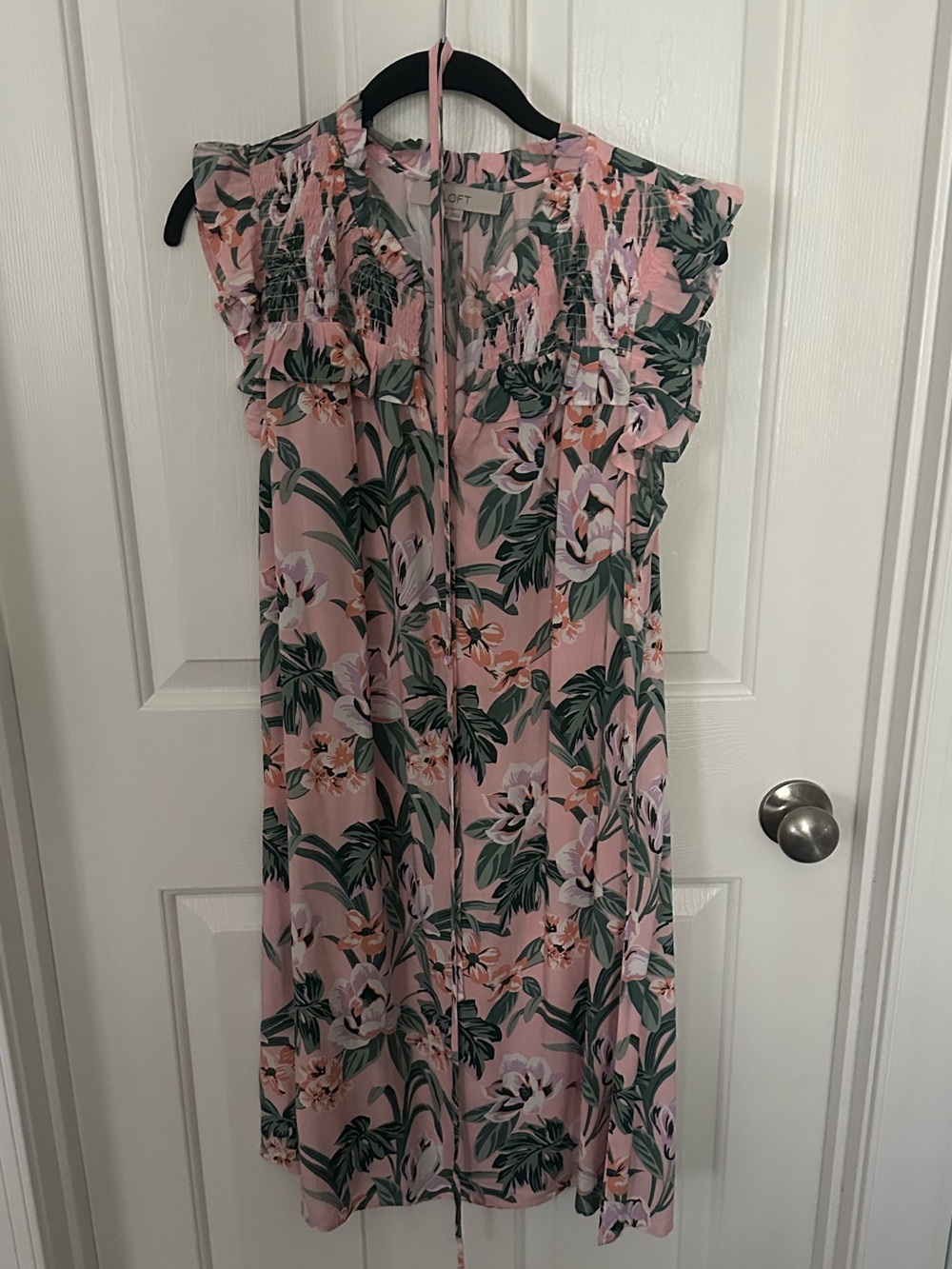 LOFT Pink Floral Ruffle Dress with Tie Waist - Size Medium